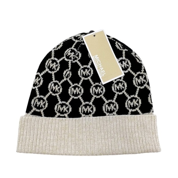 Michael Kors Hat MK Logo Black Cream & Gold Metallic Knit Winter Beanie NWT New - Picture 1 of 8